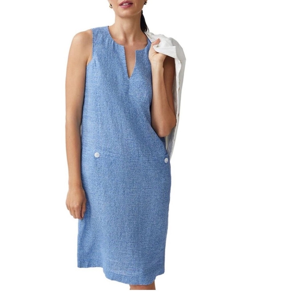 J.McLaughlin Blue White Linen Sleeveless Shift Dress Notched V-Neck XS